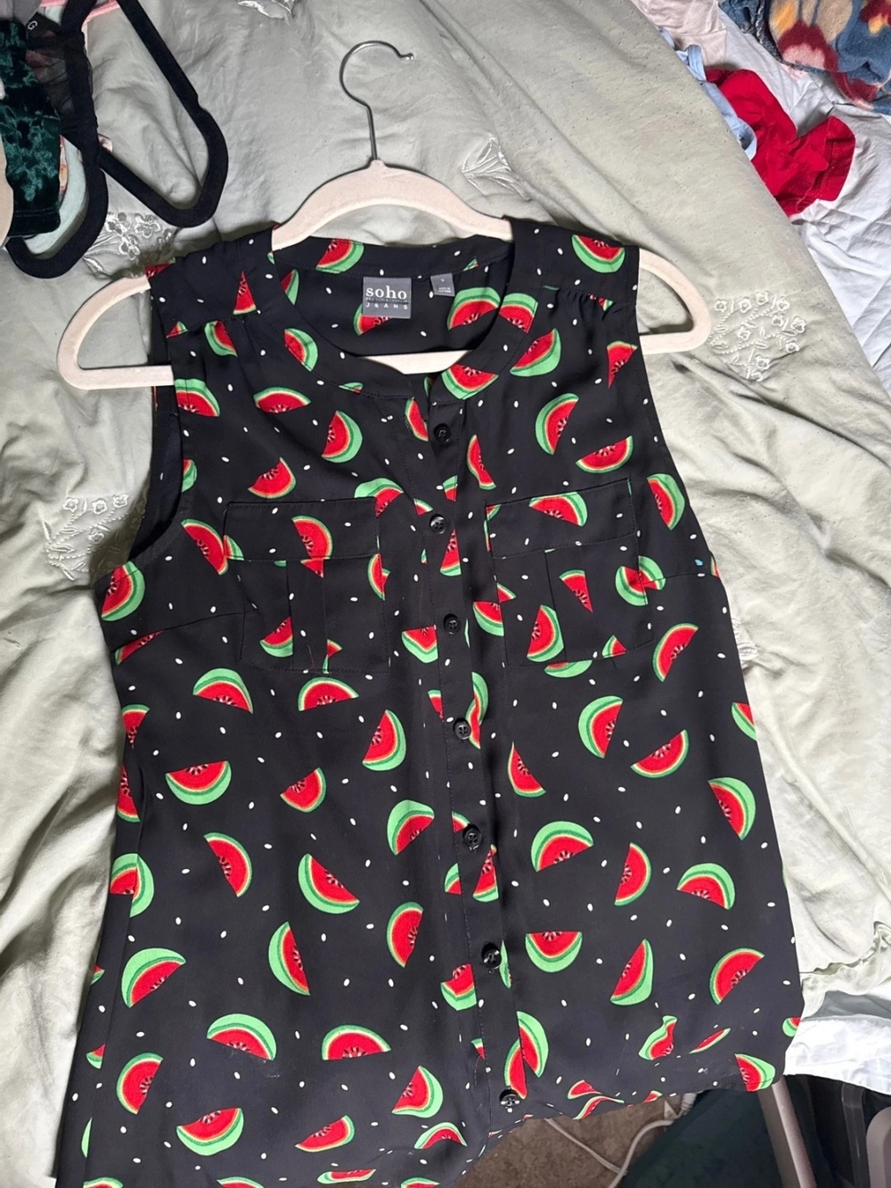Soho Black Watermelon-Print Sleeveless Button Front Top